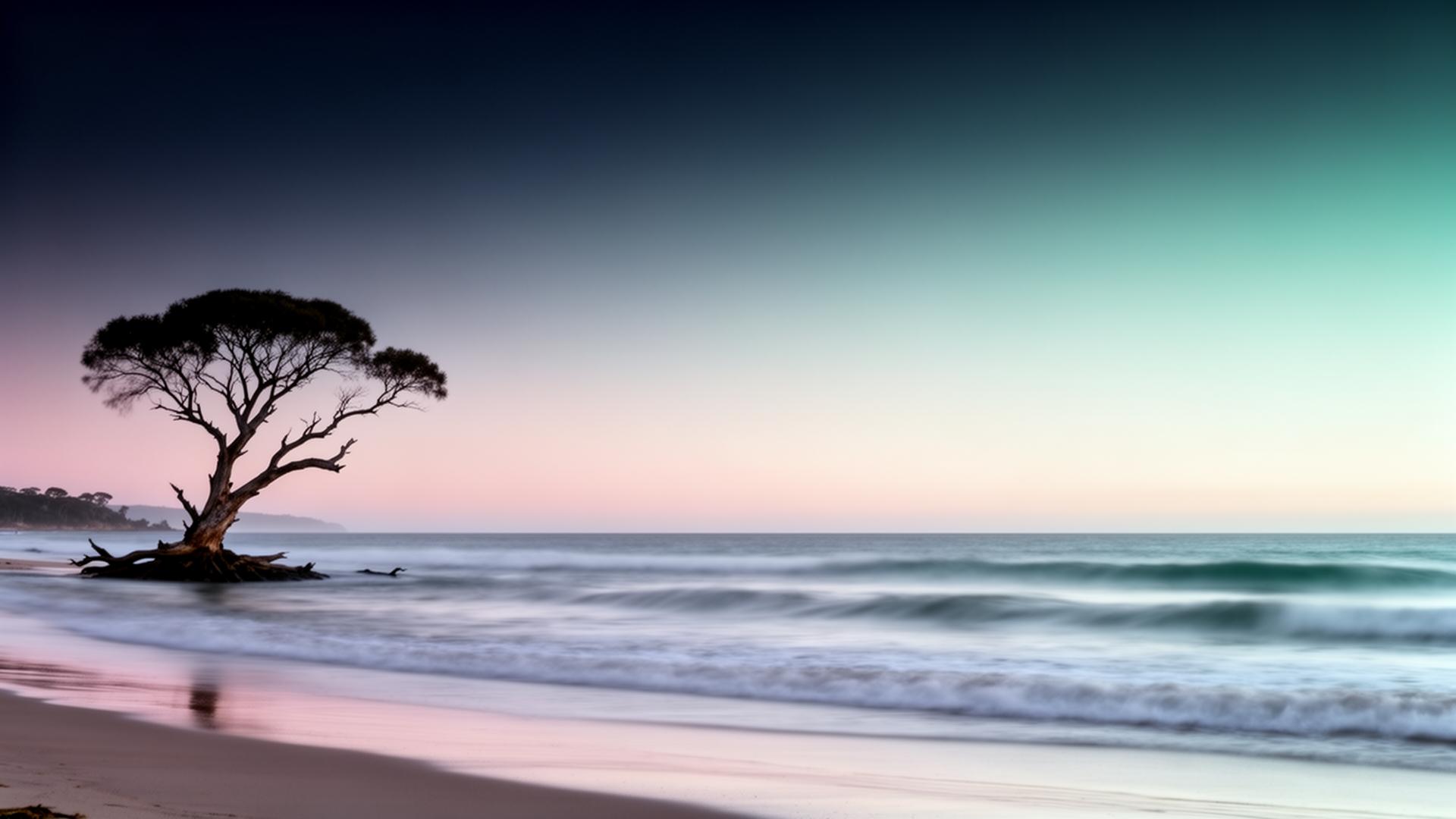 Calm coastal scene at dawn — a single tree on the shoreline